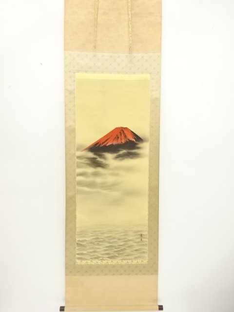 JAPANESE COLLECTIBLE / BY KEIGETSU SATO: RED FUJI / HAND-PAINTED SILK 